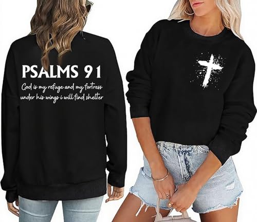BINLANHANAT Psalms 91 Sweatshirt Women Christian Lightweight Sweatshirts Cross Jesus Long Sleeve Pullover Top Shirt, Black, Large