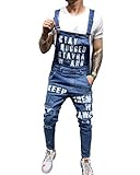 DFGHN Letter Print Bib Overalls for Men Ripped Jumpsuit Casual Long Pants Jeans,Blue,M