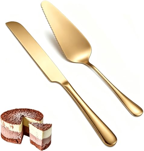 Giusobg Cortador De Tartas De Bodas Juego De Cuchillo Y Espátula Dorado De 2 Pzs Juego De Cubiertos Apto Para Lavavajillas Cubiertos Ideal Para Hornear En Casa, Reuniones De Té Tarde, Fiestas Oro