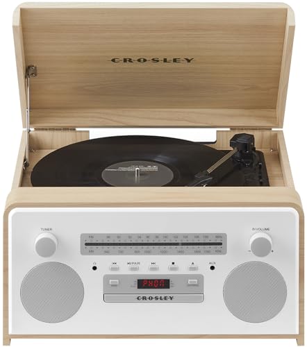 Crosley CR7024A-NA Carter 7-in-1 Bluetooth Vinyl Record Player, 3-Speed Turntable, CD Players, AM/FM Radio, Natural