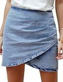 Vetinee Women's Modern Blue Tulip Hem Shirred Stretchy Back Zip Casual Bodycon Short Jean Denim Skirt Size Large Size 12 14