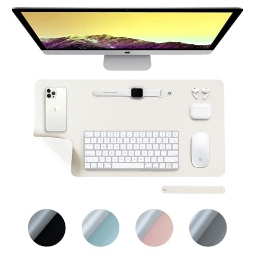 DesireTech Wendbare Schreibtischunterlage, doppelseitig, wasserdicht, Kunstleder, Tischoberflächenschutz, Laptop-Matte und Mauspad für Zuhause und Büro, 35 x 60 cm (Elfenbein/Silber)