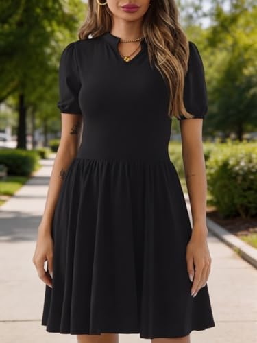 Image of Women's V Neck Summer Dress Puff Short Sleeve Flowy Stretchy Flowy Comfort Fit for Daily Wear Work Midi Casual Dresses