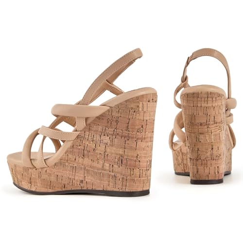 Image of Coutgo Women Platform Wedge Sandals Cork Slingback Wedges Espadrilles Heels Summer Shoes