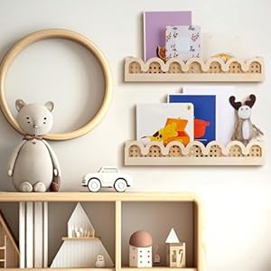 Pinkunn 2 pcs scalloped rattan wall shelf wood 1575 inch boho scalloped floating book shelves cute decorative wall mounted floating shelves for nursery room  urban country home decor