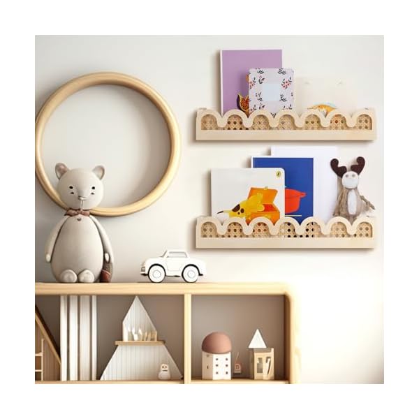 Pinkunn 2 pcs scalloped rattan wall shelf wood 1575 inch boho scalloped floating book shelves cute decorative wall mounted floating shelves for nursery room  urban country home decor