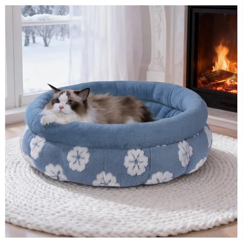 BALANCE Cat Beds for Indoor Cats, Washable Round Cat Bed, Cute 3D Flower Kitten Bed with Anti-Slip Bottom for Puppy and Kitten, 23 Inches, Blue