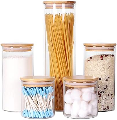 Glass Kitchen Containers with Bamboo Lids, Set of 5 Glass Jars with Airtight Wood Lids for Pantry Organization and Storage, Suit for Flour and Suger, Nuts, Oatmeal, Bathroom Salt
