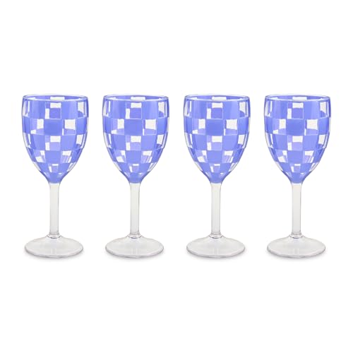 MACKENZIE-CHILDS Set of 4 Acrylic Wine Goblets, Stemmed Drinking Glasses, Decorative Glassware, 12 Ounces, Blue Check