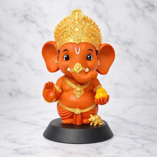 Image of Lord Kesari Ganesh Ji Idol, Kesari Gold Finish | Cute Ganpati Murti with Laddu, Resin Figurine, For Car Dashboard & Home Temple, For Pooja Room, Office Desk, Car Decor