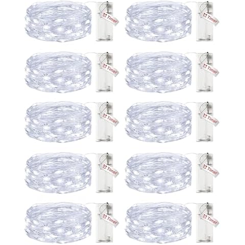 【10 Pack】Fairy Lights Battery Operated with Timer, 7FT 20LED String Lights Waterproof Silver Wire Fairy Light Battery Powered Twinkle Lights for Bedroom Christmas Wedding Indoor Party Decor Cool White Cover