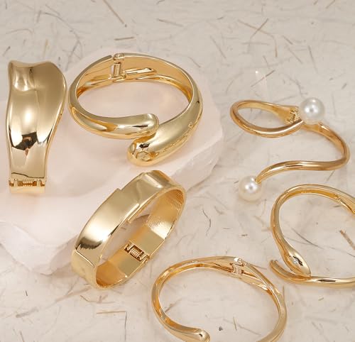 BOMAIL 6pcs Chunky Gold Bangle Bracelet for Women 14k Gold Plated Wide Hinged Cuff Open Bracelet Dainty Minimalist Bangle Jewelry 7