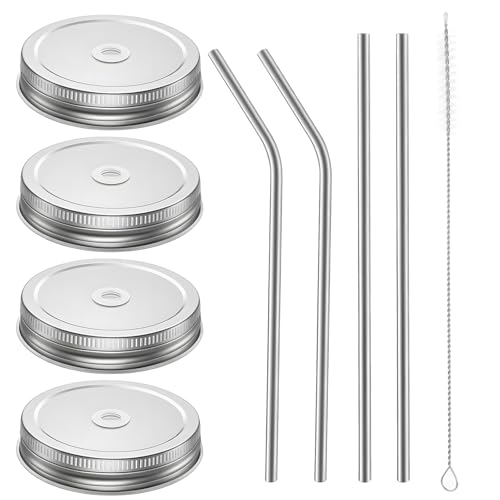 9 PCS Stainless Steel Mason Jar Lids with Straw Hole, Reusable Mason Jar Drinking Lids Metal Regular Mouth Canning Lid Storage Covers Caps with Silicone Ring and Cleaning Straws for Juices Milk, Tea