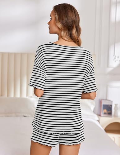 Image of Ekouaer Lounge Sets for Women Waffle Knit Pajama Set Shorts 2 Piece Matching Loungewear Summer Outfits with Pockets
