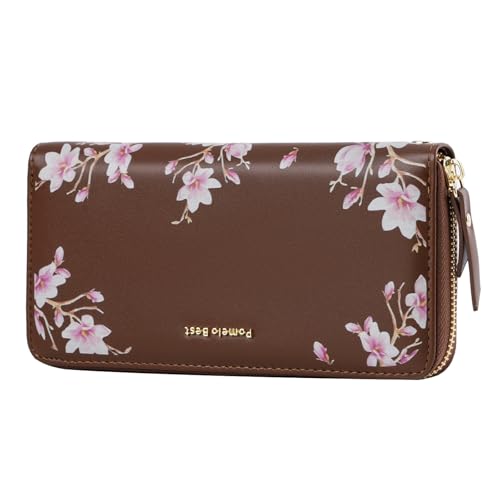 Pomelo Best Womens Wallet RFID Blocking Leather Multi Credit Card Large Capacity Wristlet Zip Around Long Wallets for Lady, Brown, Compact, Fashion
