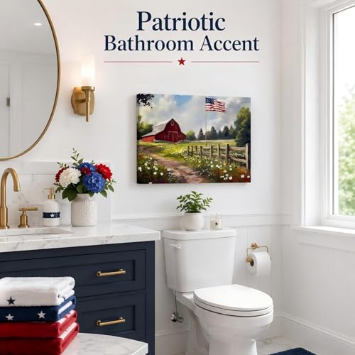 Image of RIBNTAK Farmhouse Red Barn & American Flag Canvas Print, Rustic Wildflower Meadow Patriotic Wall Art, 4th of July Holiday Decoration for Home, Office & Rustic Interiors, Made in USA