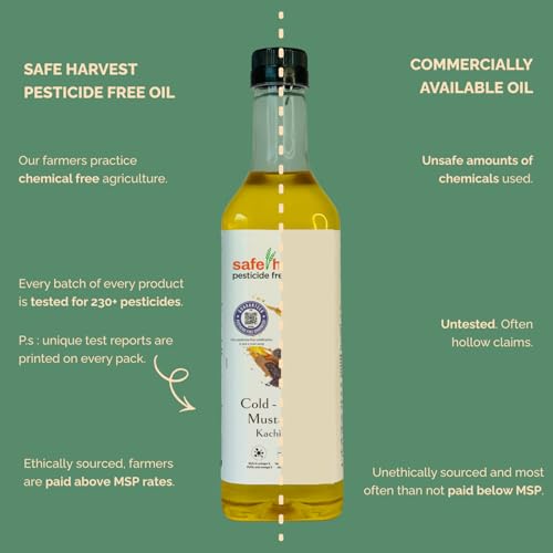 Image of Safe Harvest Pesticide Free Wood Cold Pressed Mustard Oil /Kolhu, High Pungency, Rich in Omega 3 and 6 (Pack of 3)