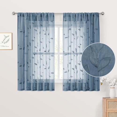 HOMEIDEAS Stone Blue Kitchen Curtains Leaf Embroidered, 52x45, 2 Panel