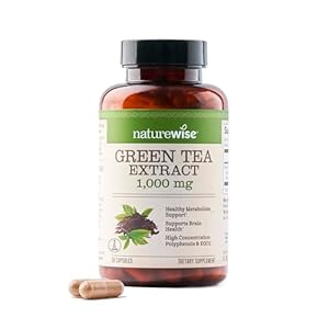 NatureWise Green Tea Extract Capsules 1000 mg – 50% EGCG & 98% Polyphenols – Extra Strength Antioxidants for Heart Health and Energy – Vegan, Gluten Free, Non-GMO – 60 Capsules[1-Month Supply]