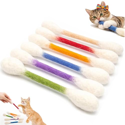 Cotton Swabs Cat Toys with Catnip, 6 Pack, Giant Kitten Chew & Kicker Toys for Indoor Cats, Durable Felt Dental Teething Sticks 