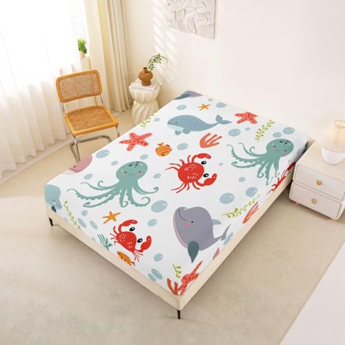 Image of jejeloiu Dolphin Bed Sheets Sets Queen Size Kids Boys Girls Jellyfish Crab Starfish Bedding Set Ocean Bed Sheet Set with 16-Inch Deep Pockets 4Pcs with 2 Pillow Cases