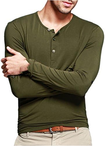 Kuegou Mens Henley T-shirts Long Sleeve With Button Placket Large Army Green Apparel