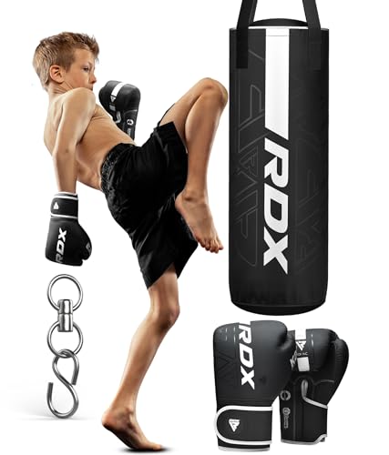 RDX Gefüllt Boxsack Kinder,60 cm Hängend Box Set Für Boxen Kickboxen MMA Muay Thai Karate Punchingsäcke für Jungen Mädchen Maya Hide Leder Kids Punching Bag