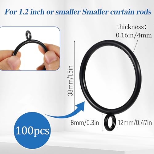 100 Pack Curtain Rings with Eyelet, 1.5 Inch Inner Diameter Metal Curtain Rod Rings Black Sliding Drapery Ring Fits Up to 1 1/4-inch Rod