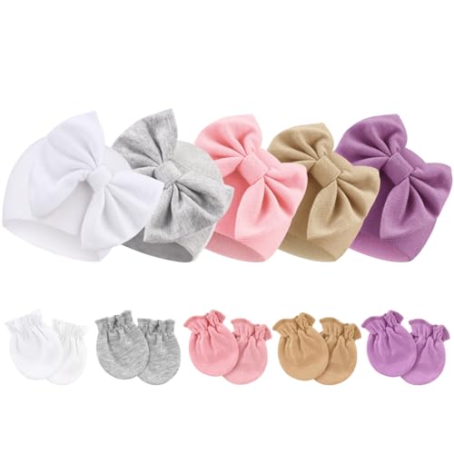Image of BQUBO Newborn Baby Girls Hats Mittens Set Hospital Hat Beanie Infant Bow Hats Baby Cotton Gloves for 0-6 Months