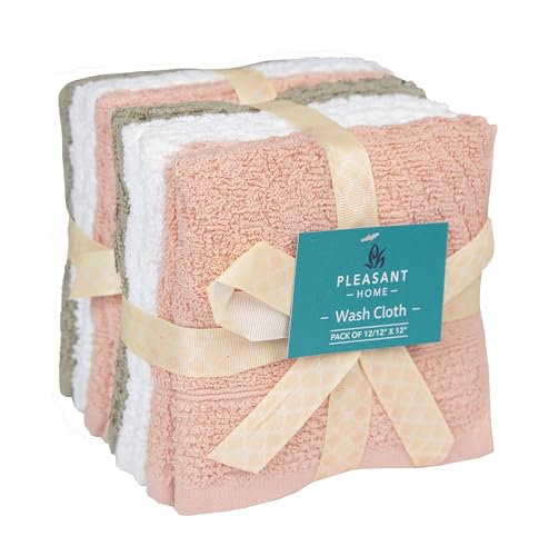 Image of PH Pleasant Home Diagonal Wash Cloths Set - 12 Pack (12 inch x 12 inch) - 509 GSM - 100% Ring Spun Cotton Wash Cloth - Super Soft and Highly Absorbent Face Towels (Blush,White & Tan)