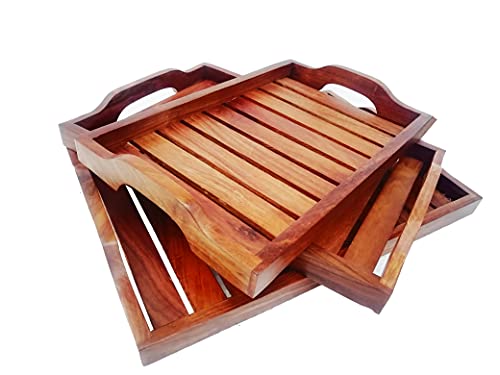 Image of Wooden Shesham Wood (Rose Wood) Serving Tray Set -3 - Standard Size (Brown)