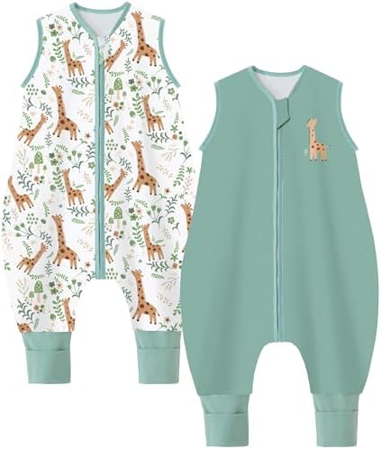 Chilsuessy Baby Schlafsack mit Beinen 1.5 Tog 2er Pack 100% Baumwolle Ganzjahres Schlafsack mit Füßen, 1.5 Tog/Grün + Giraffe, 100cm/Baby Höhe 105-115cm