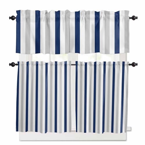 Navy Blue Stripe Kitchen Curtains 36 Inch Length,3 Piece Rod Pocket Small Half Tiers and Valance Set,Geometric Grey White Vertical Striped Small Large Window Treatment Decor for Bedroom/Bathroom Sink
