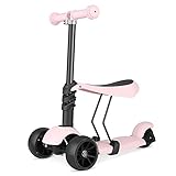 AJUSTABLE: En primer lugar, el scooter se maneja con un asiento como impulsor. El asiento se puede ajustar en 3 alturas diferentes (23 cm / 26 cm / 29 cm) y, por lo tanto, ajusta perfectamente el impulsor al tamaño de su hijo. Así que su hijo tiene un primer sentido de equilibrio. Luego se puede quitar el asiento y conducir el scooter como es habitual. El manillar del scooter también se puede ajustar en 4 alturas (53 cm / 63 cm / 69 cm / 75 cm).
