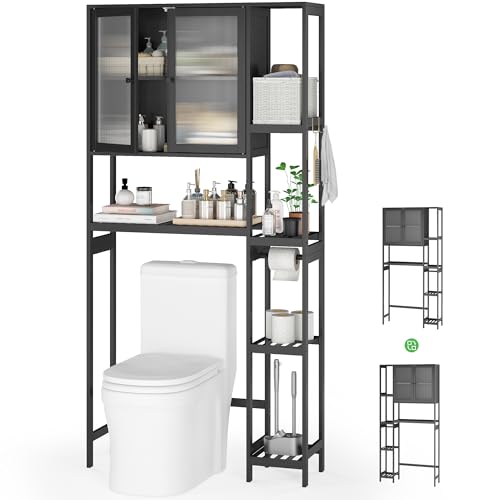Wisuce Essentials Over The Toilet Storage Cabinet Above Toilet Bathroom Organizer with Toilet Paper Holder Stand Bath Organizer with Adjustable Shelves & Acrylic Doors,Anti-Tip Device (Black)