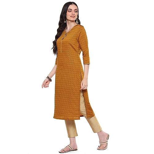 Image of Rangriti Mustard Liva Straight Printed Kurta for Women