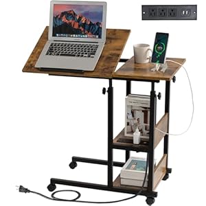 Hadulcet Adjustable C Table with Charging Station, Tiltable Desk C Shaped End Table for Couch, Over Bed Table with Wheels Adjustable Height, Hospital Table Laptop Stand Drawing Desk, Rustic Brown