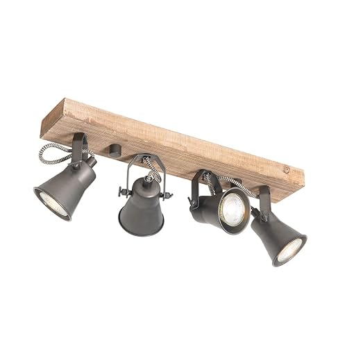 Qazqa - Rural Ceiling Lamp I Ceiling Flush Light Black with Wood 4-Way Light - Jelle- - Country - Suitable for LED GU10 | 4 Way Light - Wood Surface-Mounted spotway Light - Suitable for Living Room