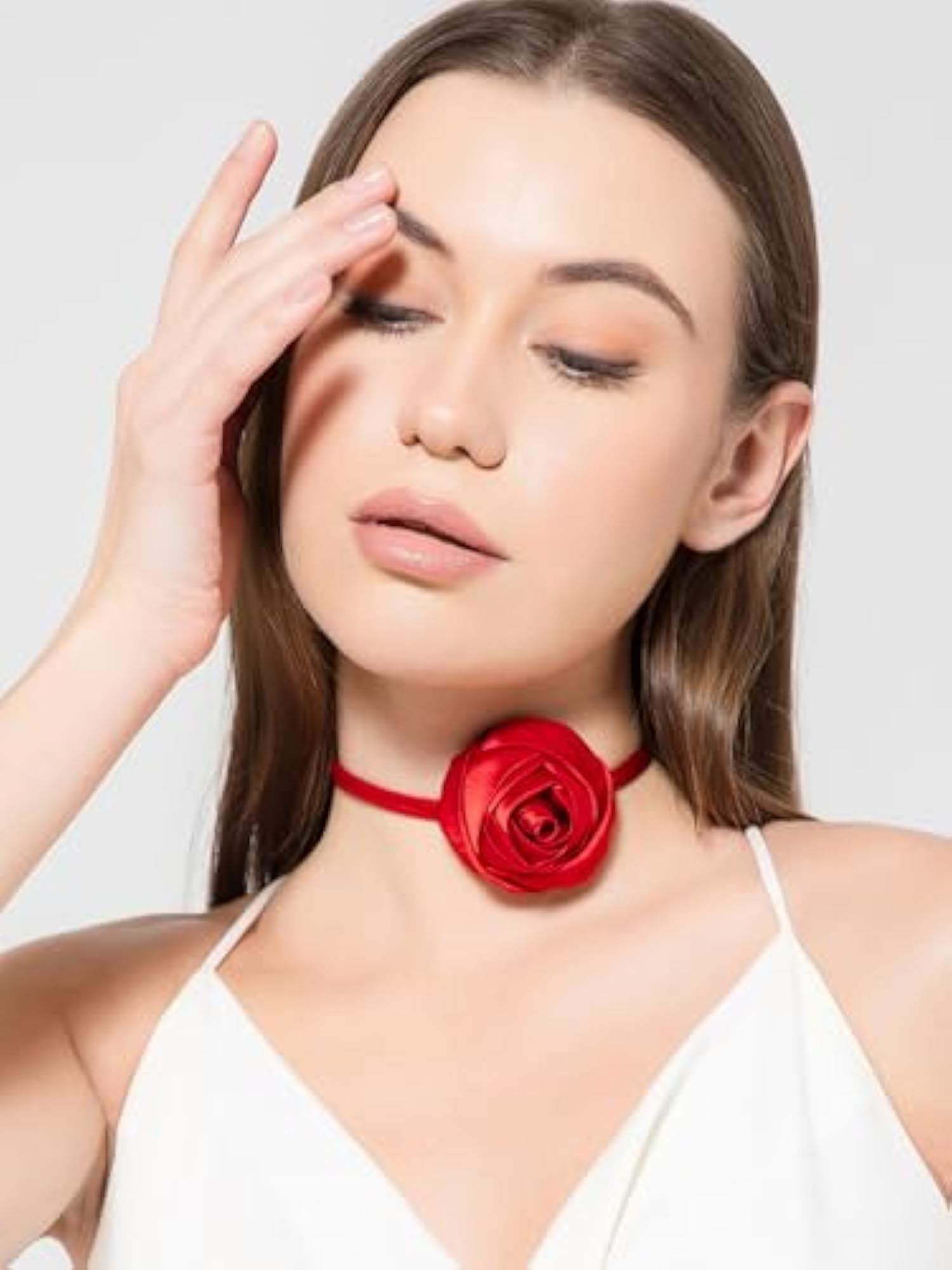 Women's Handcrafted Red Satin Flower Choker Necklace