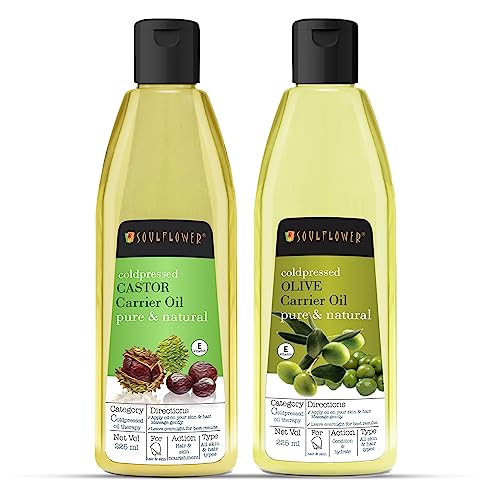 Image of Soulflower Castor Olive Hair Oil Combo | Hair Growth, Healthy Scalp, Conditioning, Skin Care, Makeup Primer | 100$ Pure, Natural, Organic, Ecocert Certified | Pack of 2 450ml