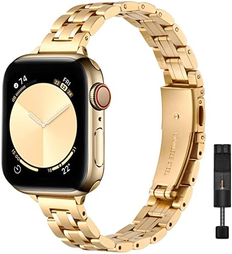 STIROLL Thin Replacement Band Compatible for Apple Watch 38mm 40mm 41mm 42mm 44mm 45mm 49mm, Stainless Steel Metal Wristband Women Men for iWatch Ultra SE Series 8/7/6/5/4/3/2/1(Gold,38mm/40mm/41mm)