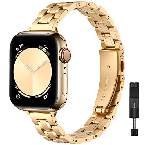 Stiroll Thin Replacement Band Compatible For Apple Watch 38Mm 40Mm 41Mm 42Mm 44Mm 45Mm 49Mm, Stainless Steel Metal Wristband Women Men For Iwatch Ultra Se Series 8/7/6/5/4/3/2/1(Gold,38Mm/40Mm/41Mm) #TOP4