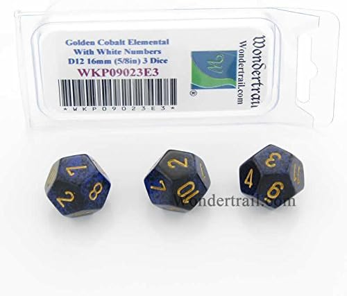 Wondertrail Golden Cobalt Elemental Dice with White Numbers D12 16mm Pack of 3 WKP09023E3