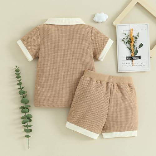 Kuriozud Newborn Baby Boy Summer Clothes Button Short Sleeve Romper Bodysuit Shorts Set Toddler Soft Waffle Outfit4