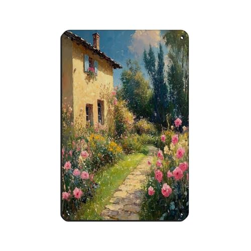 Springtime Orchard Pathway - Victorian Garden With Romantic Floral Scenery, Rustic , Landscape Tin Sign Vintage Metal Pub Club Cafe Bar Home Wall Art Decoration Poster Retro Style8x12inch(20x30cm)