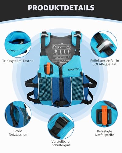 Owntop Schwimmhilfen Erwachsene Jugend mit Trinkrucksack, Pfeife, Mesh Taschen| Verstellbare Auftriebsweste| Leichte Schwimmjacke Unisex für SUP, Kajakfahren, Angeln Alle Wassersportarten