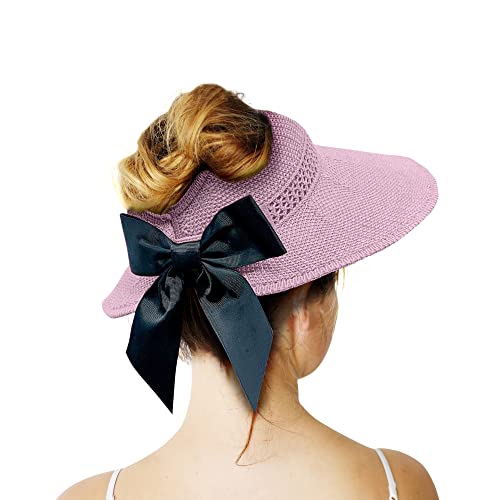 Straw Sun Summer Visor For Women, Female Wide Brim Upf 50+ Uv Protection Hat, Ladies Adjustable Roll Up Messy Bun Ponytail Cap, Foldable Packable Beach Travel Hat, Windproof Chin Strap, Light Pink #TOP13
