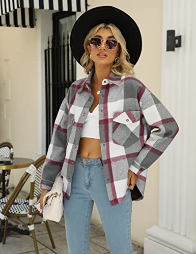 Gozoloma Sherpa Plush Fuzzy Fleece Lined Jacket Womens Plaid Flannel Shacket Jacket Lapel Button Fluffy Warm Winter Coat(0401-Greyrose-S) #TOP4