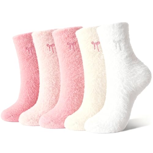 Image of Ehuixinsheng 5Pairs Women's Pink Fluffy Fuzzy Socks,Ladies Soft Coral Fleece Bow Warm Winter Plush Home Sleeping Cosy Bed Sock Cute Thick Pink Comfort Slipper Sock for Girls Christmas Gifts Size 4-7