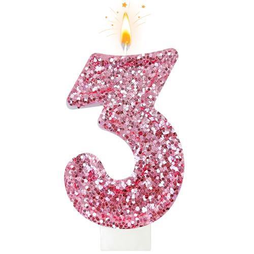 Zailo Birthday Number Candles, Glitter Number Candle Cake Decorations with Sequins, Cupcake Decorations for Girls, Women, Party Anniversary Celebrations (Number 3, Pink)